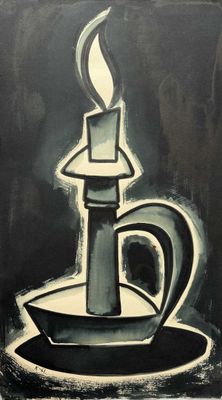 a black and white painting of a candle on a plate