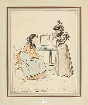 dessin représentant une femme assise à une table en train de parler à une autre femme assise à une table
