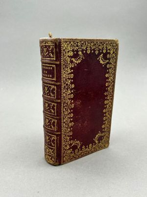 un vieux livre aux tranches dorées et à la couverture rouge sur fond blanc