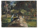 painting of a woman with a parasol in a garden