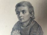 a drawing of a young boy holding a teddy bear