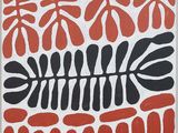 a painting of a fish skeleton on a red and white background