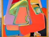 abstract painting of a red car with a blue sky in the background