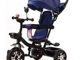 the tricycle is blue and has black wheels and a blue canopy