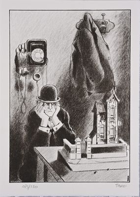 drawing of a man sitting at a desk with a clock in the background