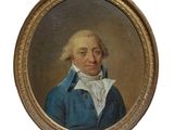 portrait d'un homme vêtu d'un manteau bleu et d'une chemise blanche