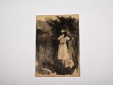 an old picture of a woman in a white dress standing in front of a white wall