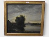 an oil painting of a river scene with trees and a cloudy sky