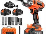 a cordless drill with two batteries and a charger