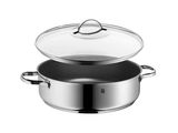 a large stainless steel pot with a glass lid on a white background