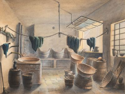 une peinture représentant une salle de bains avec un lavabo et une baignoire