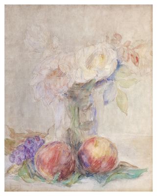 an image of a painting of flowers and fruit on a table