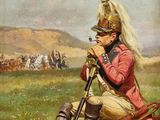 an image of a painting of a man in uniform sitting in a field