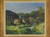 un tableau représentant une maison dans un champ, avec des arbres en arrière-plan