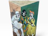 tableau représentant trois clowns assis sur un banc devant un mur vert