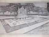 pencil drawing of a fountain in a park with trees in the background