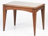 an image of a small wooden table with a glass top