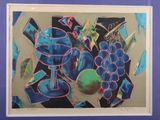 tableau représentant une nature morte composée de raisins bleus et d'un verre de vin