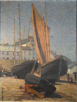 a painting of two boats on the beach near a building