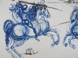 drawing of two horses and a man on a horse drawn in blue ink