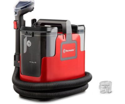 the vacuum is red and black with a black hose and a clear cup