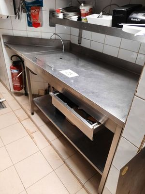 un plan de travail en acier inoxydable dans une cuisine commerciale