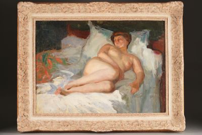 a painting of a naked woman laying on a bed