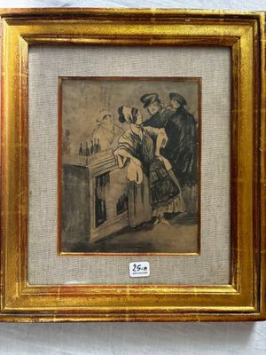 tableau encadré représentant un homme et une femme assis à une table
