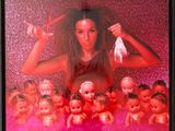 a picture of a woman holding a pair of scissors in front of a bunch of dolls