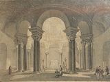 un dessin représentant une grande pièce avec des colonnes et un plafond