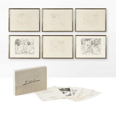 une série de six dessins et une boîte de cartes sur un fond blanc