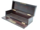 a wooden box with a metal handle on a white background