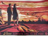 poster of two people standing on a rock with a sunset in the background