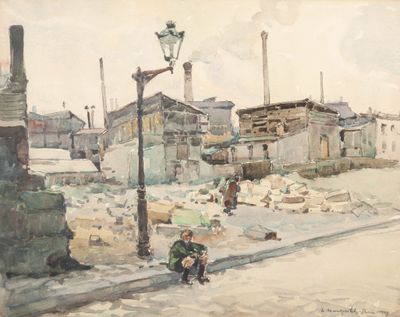 un tableau représentant un homme assis à un coin de rue
