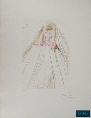 dessin représentant une femme en robe de mariée, la tête recouverte d'un voile