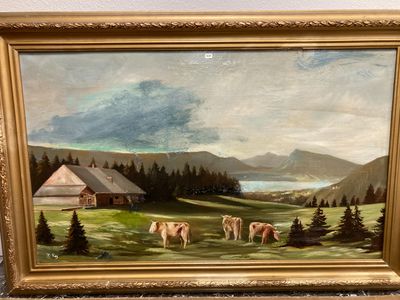 un tableau représentant des vaches dans un champ, avec une grange en arrière-plan
