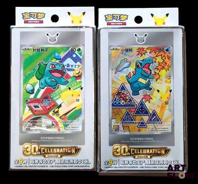 Deux cartes à collectionner Pokémon sont présentées dans une boîte sur fond noir