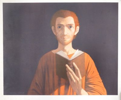 painting of a man holding a book in his hands
