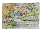 aquarelle représentant un sentier dans un parc, avec des arbres et des fleurs