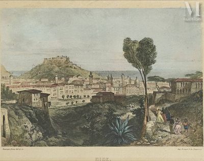 view of a city with a castle on a hill in the distance
