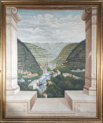 une peinture à l'huile représentant une vue d'une ville et d'une rivière
