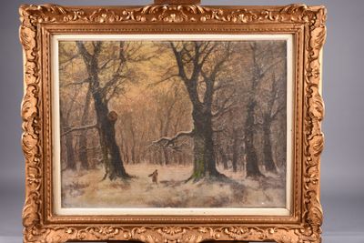 une image représentant un tableau d'un cerf dans une forêt enneigée