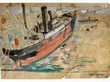 une peinture d'un bateau dans l'eau sur la plage