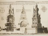 un dessin représentant une tour surmontée d'une horloge