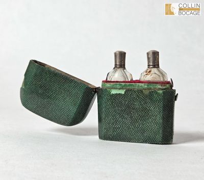 deux bouteilles posées dans un étui vert