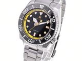 a black and yellow watch on a silver bracelet