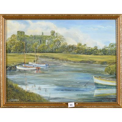 un tableau représentant des bateaux sur l'eau, près du rivage