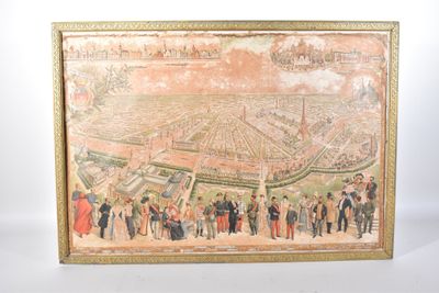 une vieille photo représentant un tableau d'une ville où l'on voit beaucoup de monde