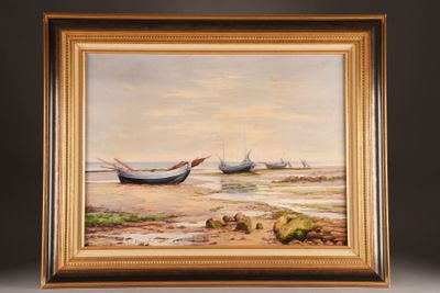 an oil painting of two boats on the beach in a gold frame
