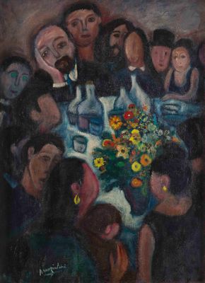 painting of a group of people sitting around a table with a vase of flowers
